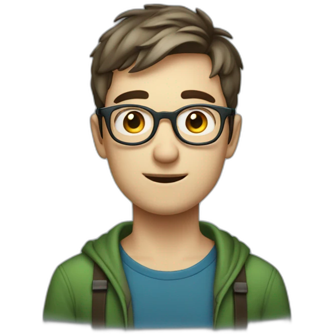 Chatty man, short hair, small thin glasses, blue-green eyes, with dark sweet, geeky emoji