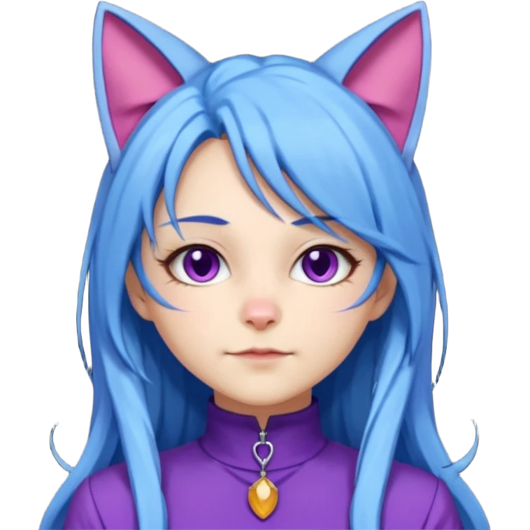 The image is a 3D rendering of a female character with long blue hair and cat ears on her head. She is wearing a purple outfit with a high neckline and long sleeves.  emoji