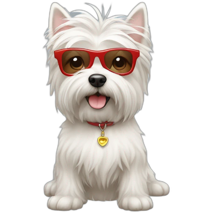Humano con pelo de punta y gafas rojas con un perro westie emoji