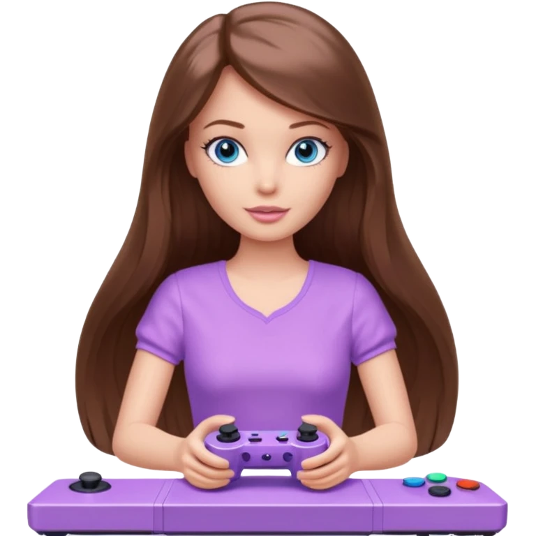 beautiful barbie girl with long brown hair, blue eyes and wearing light purple clothes playing console games with controller emoji