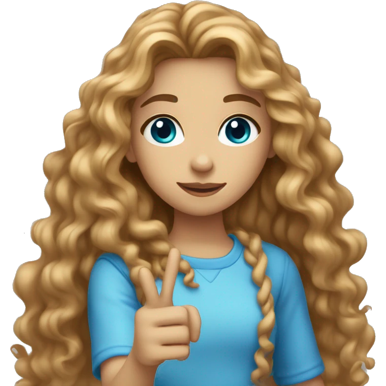 girl with light brown long curly hair and blue eyes doing a hand heart  emoji