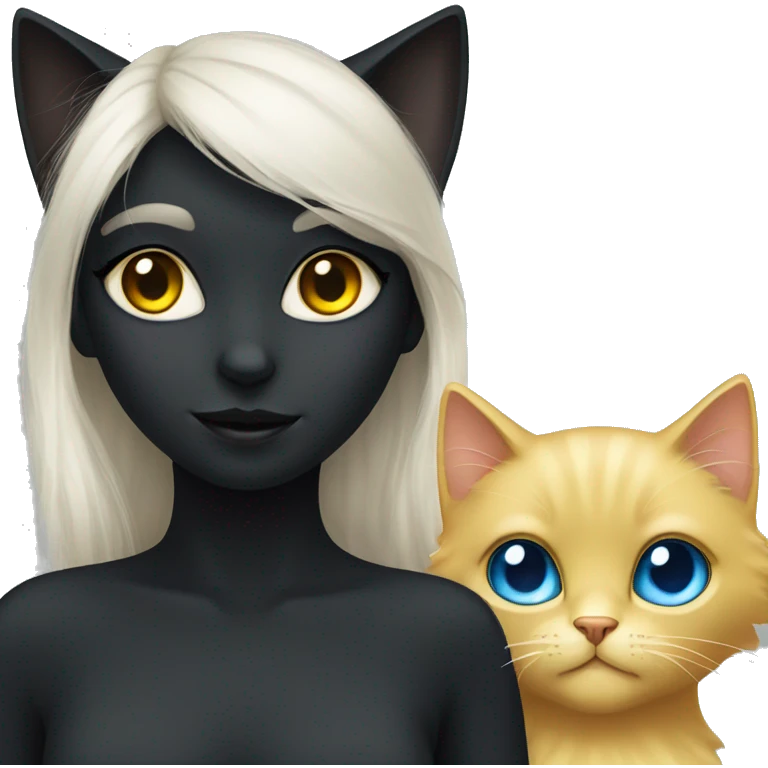 Black fluffy cat with yellow eyes and blond girl with blue eyes emoji