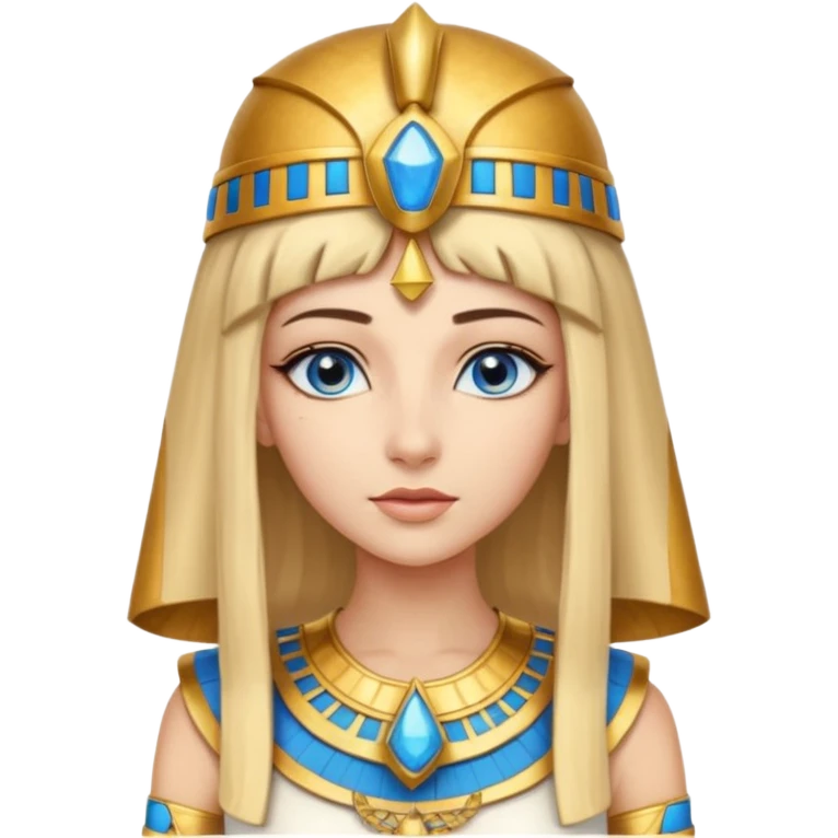 Cleopatra vestita da faraone con il cappello da faraone ma con gli occhi azzurri e i capelli lunghi biondi non troppo chiari con il cappello da faraone dorato senza frangia  emoji