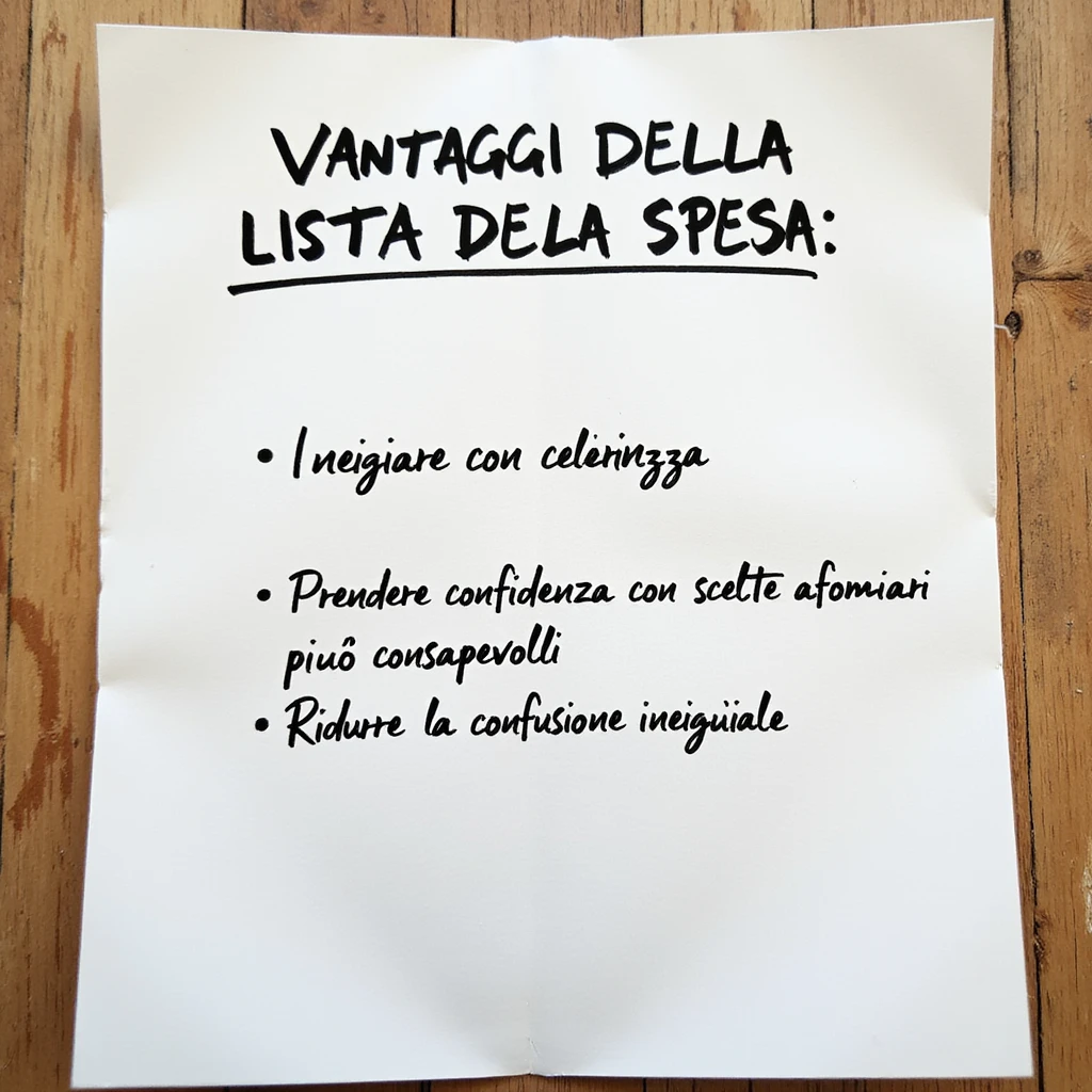 top view of a sheet of paper with handwritten text in pen: 'VANTAGGI DELLA LISTA DELLA SPESA: - Iniziare con chiarezza - Prendere confidenza con scelte alimentari più consapevoli - Ridurre la confusione iniziale', hyperrealism 4K, no background emoji