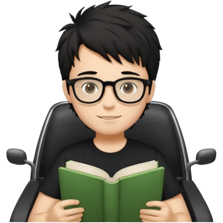 generate a pretty bratz fair skinned boy with black messy hair wearing a black tshirt driving. Glasses on. holding books emoji