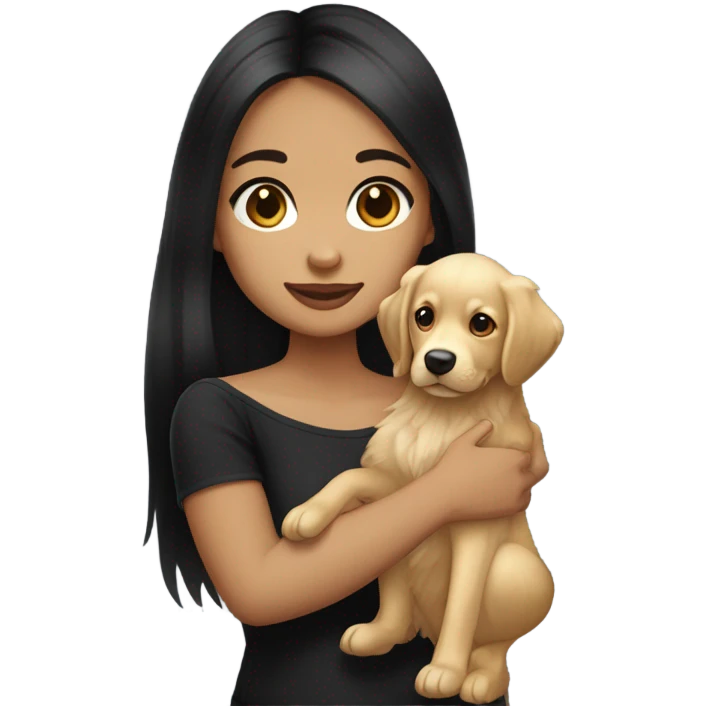 girl with white skin and long straight black hair and small face wearing an off shoulder black shirt, while holding her golden retriever puppy  emoji