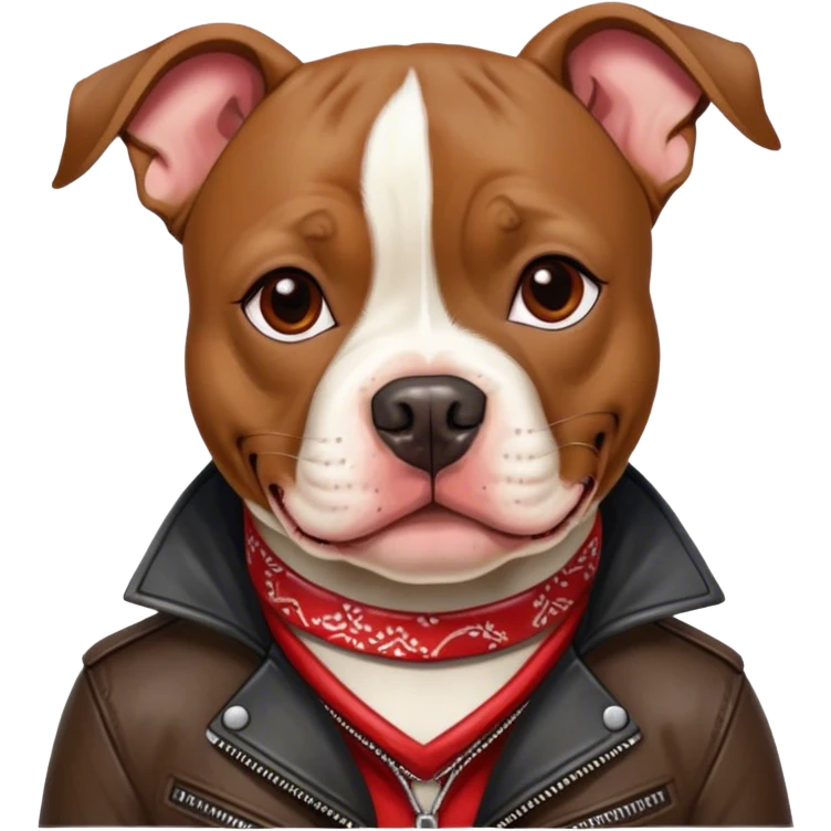 American Pit Bull Terrier mixed with a boston terrier, wearing a leather jacket and a red bandana around its neck emoji