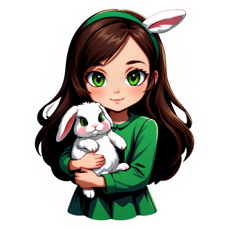 Long brown haired, green eyed girl holding a bunny. The bunny has floppy ears. The bunny has dark grey fur. emoji