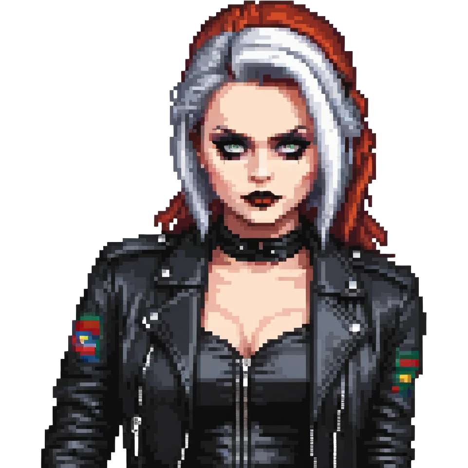 Chucky's bride wearing a black dress and black leather jacket, with dark makeup emoji