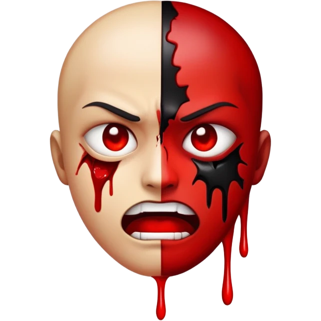 intense psycho face emoji with split of a blood, artistic elements that convey a bold, expressive look, using shades of red and black. emoji