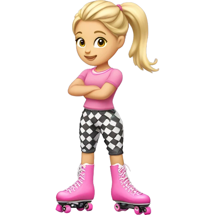 A girl with blonde hair a high ponytail checkered pants and pink rollerskates ￼ emoji