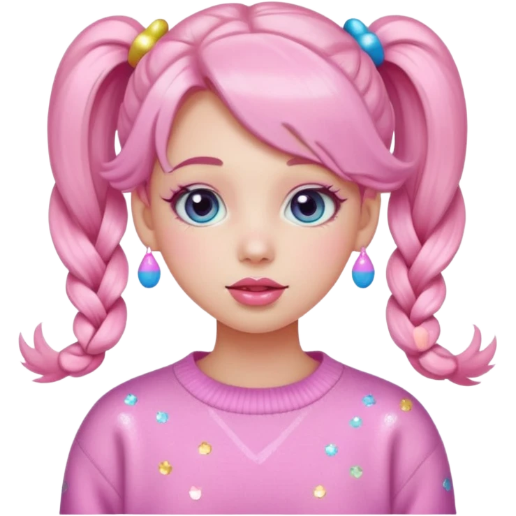 “Emoji girl, pastel pink blush, sparkly wide eyes, glossy bubblegum lips, hair in pigtails with colorful clips, oversized pastel sweater.” emoji