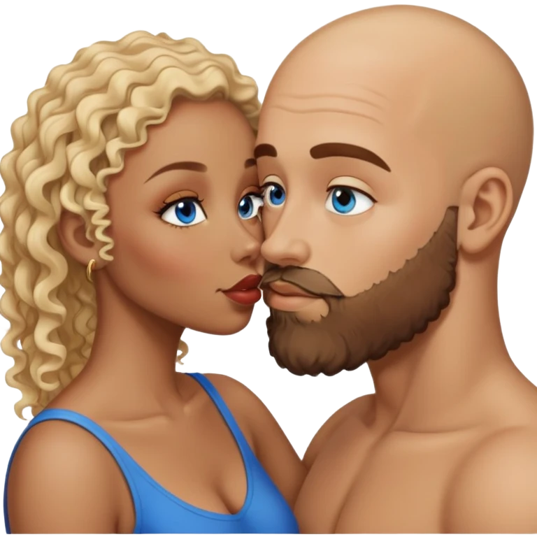 bald head man with brown eyes and beard kissing African woman with blue eyes and curly blonde hair emoji