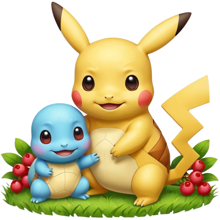 Two Pokémon are playing in a field. Pikachu has a light to share, but Squirtle has none. Pikachu sees this is unfair, so he shares the berries with Squirtle. They smile and eat together. Show this as a cute Pokémon emoji scene about justice and fairness.

 emoji