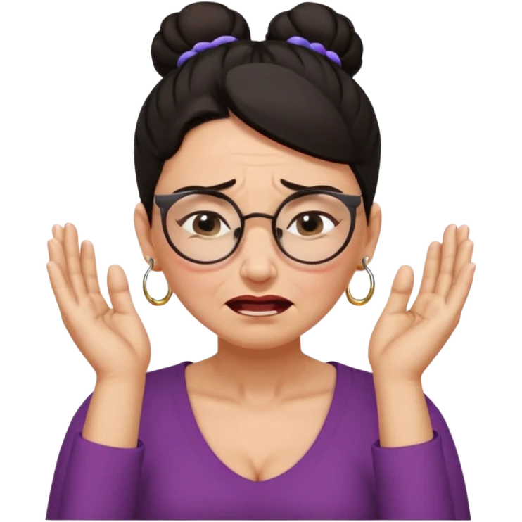  middle aged woman with dark hair pulled up in a high bun, wearing round ring earrings and glasses, expression extreme pain on her face, covering her ears with her hands very painful expression on her face, eyes squeezed shut, wincing in pain covering her ears with her hands emoji