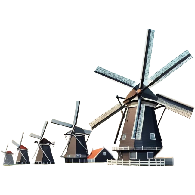 Cinematic Realistic Kinderdijk Windmills Landmark Emoji, depicted as a row of classic Dutch windmills set against a serene sky rendered with detailed textures and soft natural lighting. emoji