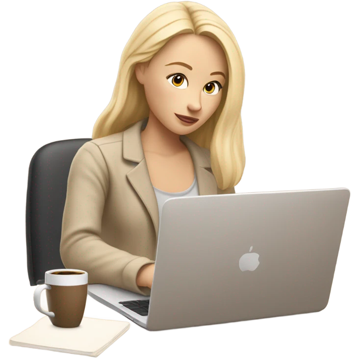 A blonde girl working on her laptop in a beige aesthetic setting. The scene features soft, warm tones with minimalist decor, such as a neutral beige desk, a simple coffee cup, and subtle lighting that complements the calming and modern atmosphere. emoji