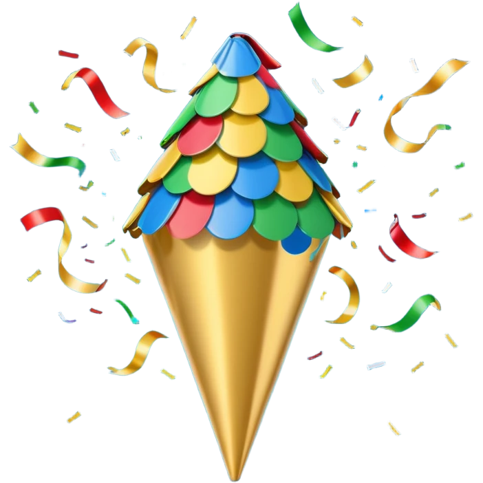 A small cone-shaped party popper tilted to the side, usually gold or yellow with diagonal stripes. It bursts open at the top, releasing colorful confetti and streamers in blue, red, yellow, or green. Represents celebrations, parties, excitement, or congratulations. emoji