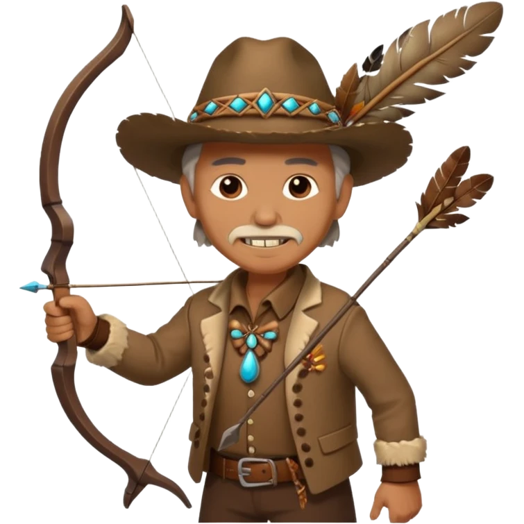The classic image of a middle-aged uncle hunter carrying a bow, dressed in brown clothes, with some ornaments made of feathers, bones or teeth on his body. emoji