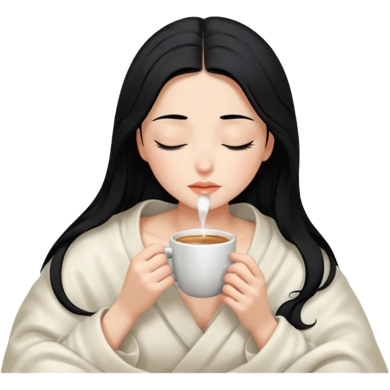 black hair girl long hair inside a white milky satin blanket sipping coffee eyes closed emoji
