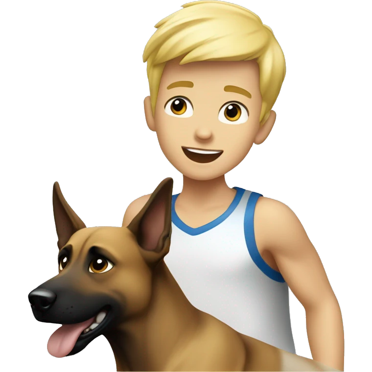 blond boy with blue eyes running with his malinois dog emoji