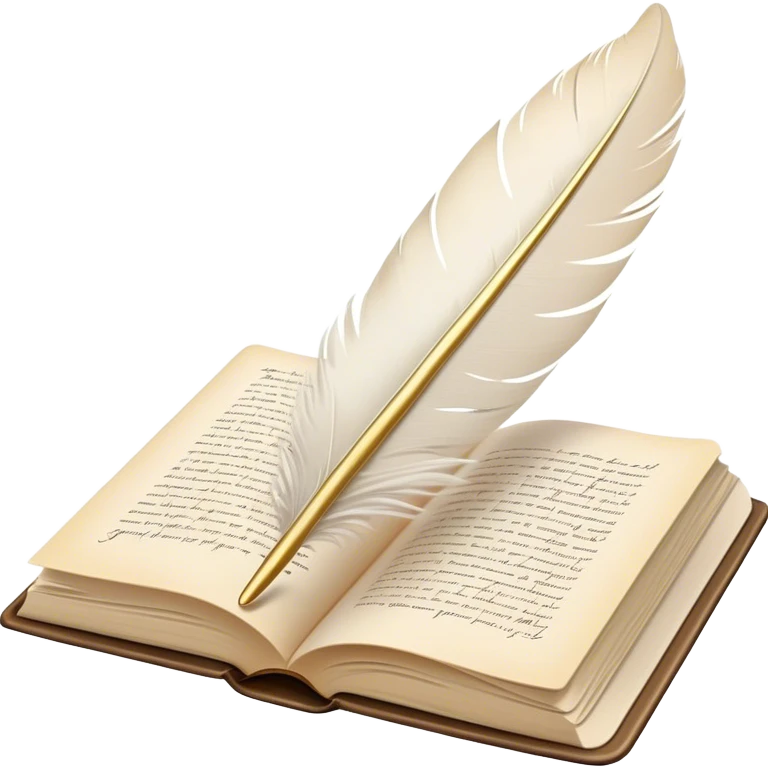 Create a delicate and elegant emoji representing poetry. The design should feature several gracefully flying pages with short poetic lines written on them. A white feather quill should be gently resting on one of the pages or floating nearby, symbolizing creativity and inspiration. The pages should look soft and flowing, evoking the fluid nature of poetry. Use a subtle color palette with white, light pastels, and a touch of gold for accents. Make the background transparent. emoji
