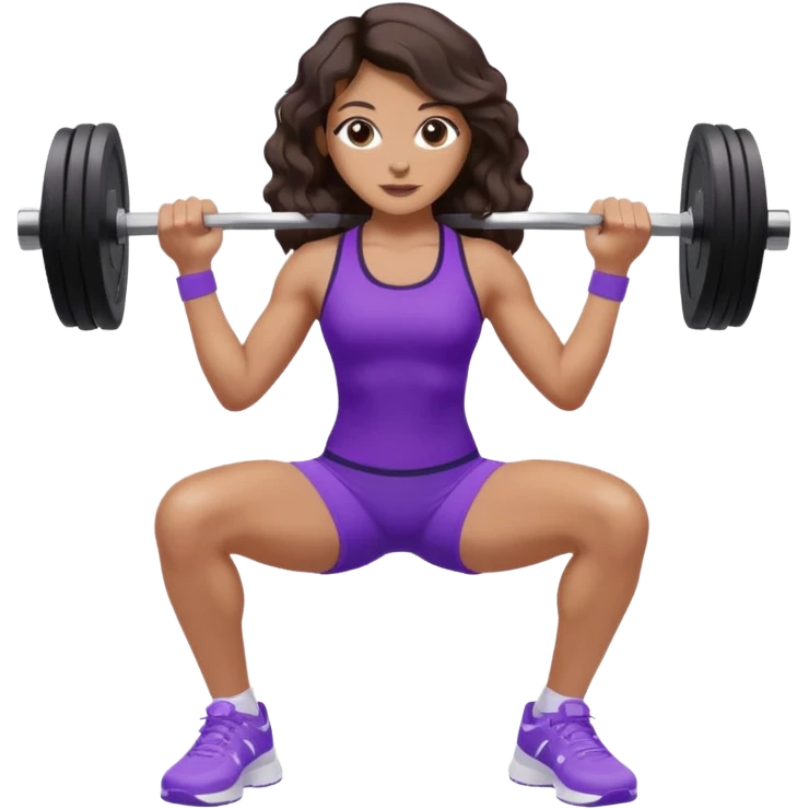 mujer de tez trigueña, con cabello castaño oscuro ondulado con pequeñas ondas, con el cabello super largo hasta las rodillas estilizado, con ropa deportiva morada/lila, tenis blancos deportivos y levantando una pesa emoji