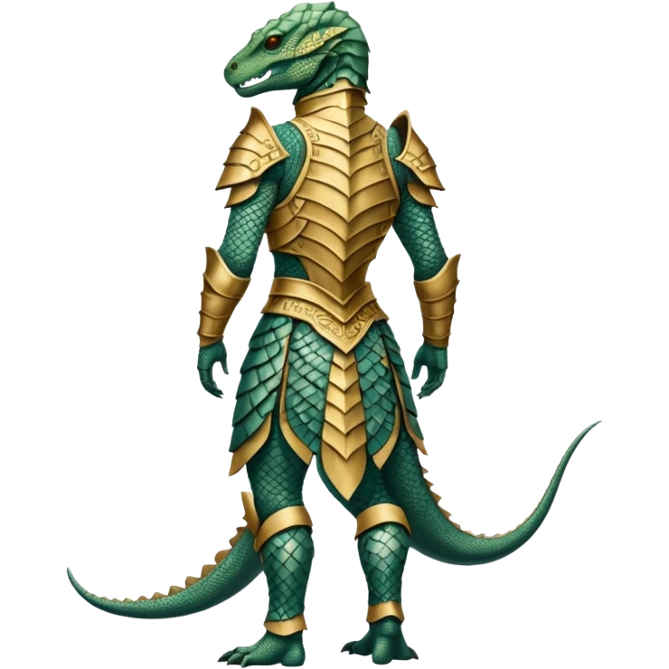 full body reptilian humanoid in ancient outfit, back view, ornate details emoji