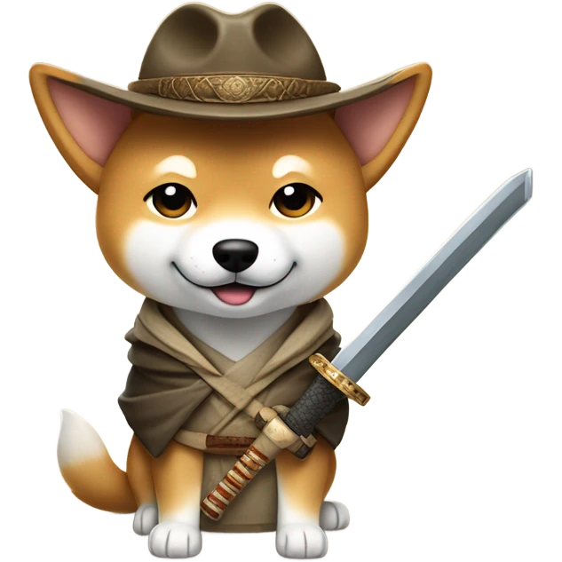 Handsome Shiba Inu dressed as Indiana Jones with a samurai sword  emoji