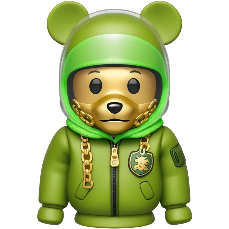 bearbrick wearing lime balaclava with graffiti logos where eye area is replaced by one continuous shield visor lens that's part of the mask, not separate eyewear, puffy coat with fur trim, gold chains emoji