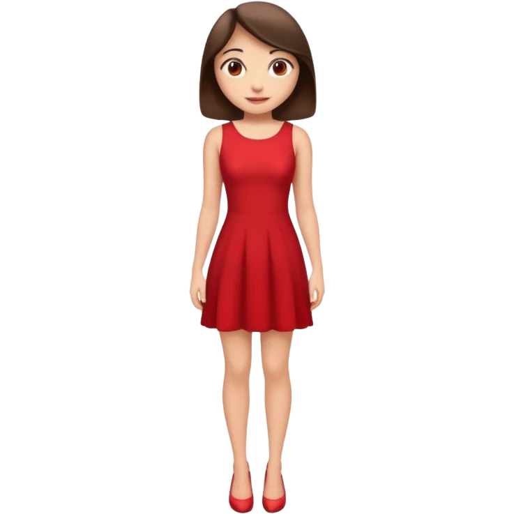 Cartoon emoji of a young brunette woman with fair-medium skin, brown eyes, wearing a red outfit. Full-height, standing confidently in a red dress  posing sexy with a smile and relaxed posture. Smooth, friendly, stylized, make up on, flirty eyes and smile emoji