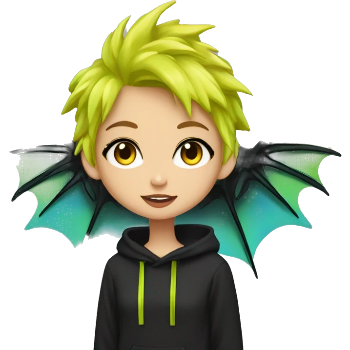 Lady with brunette and iridescent blue hair, gold, lime green dragon wings, black hoodie, bleach dyed, black and gold Nike t shirt, and bright red eyes emoji