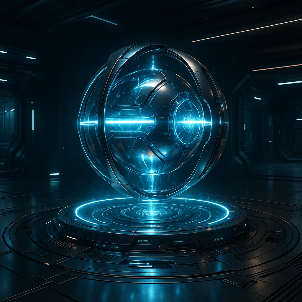 hyperdrive core for a starship, spherical reactor, floating in a containment field, sleek and modern emoji