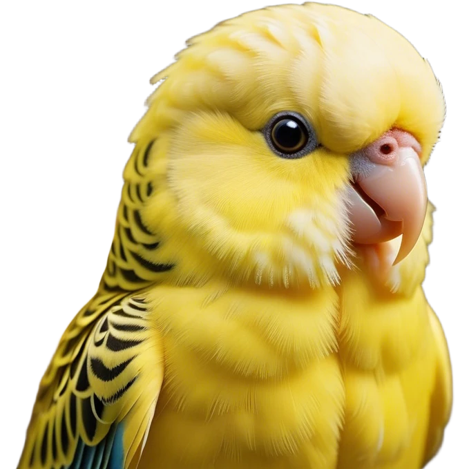 Cinematic Noble Yellow Budgie Portrait Emoji, Poised and regal, with a petite, delicate build and a smooth, well-groomed fur of brilliant yellow feathers, deep-set soulful dark eyes, Simplified yet sharp and sophisticated features, highly detailed, glowing with a soft, dignified glow, high shine, intelligent and charming, stylized with an air of elegance, focused and attentive, soft glowing outline, capturing the essence of a watchful and confident avian companion, so majestic it feels as though it could flutter out of the screen with effortless authority! emoji