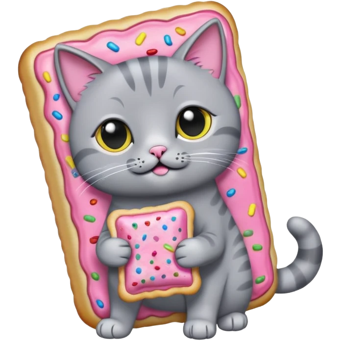 Gray Cat wearing a pink pop tart while there is rainbows coming from the pop tart emoji