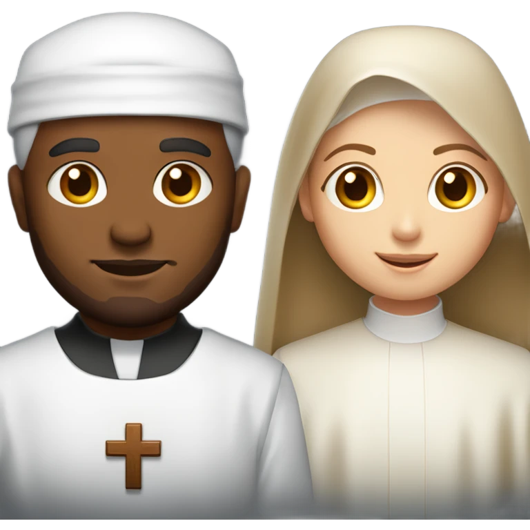 a young caucasian priest with a reddish beard and an african american nun side by side emoji