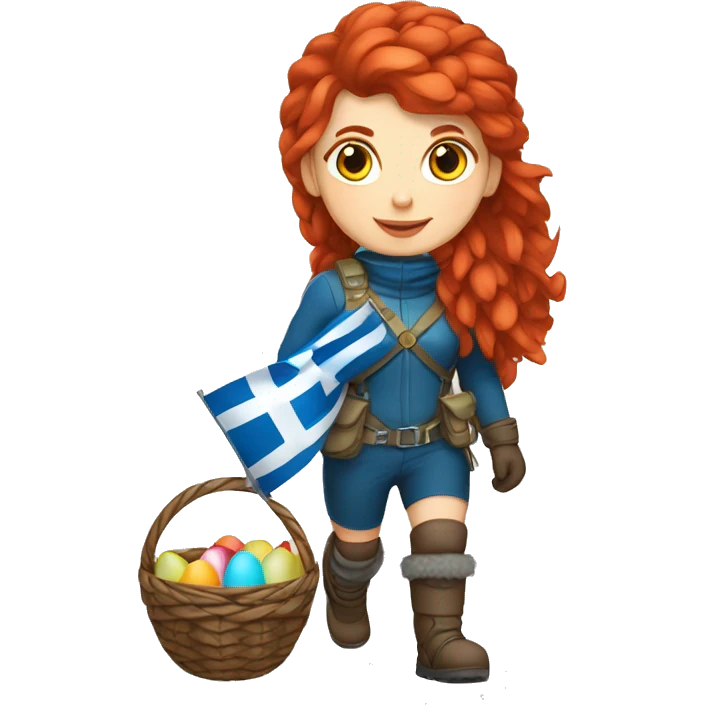 Female winter mountaineer red hair white skin climbing with Greek Flag and Easter eggs basket emoji