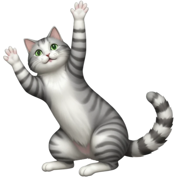 grey and white cat with green eyes doing a big extremely long stretch reaching up into the air with arms and legs side by side together straight and overextended whilst lying on its side emoji