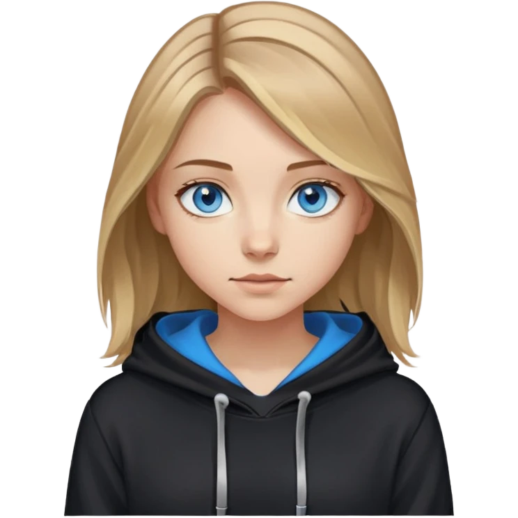 girl with blue eyes, shoulder-length brown hair with blonde highlights, wearing a black hoodie emoji