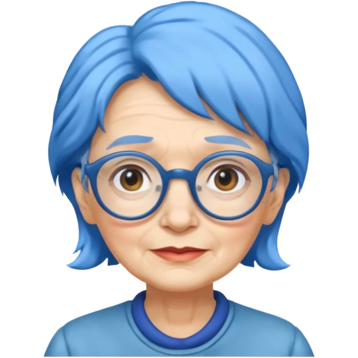 old lady with blue hair, wearing glasses, slight curl emoji