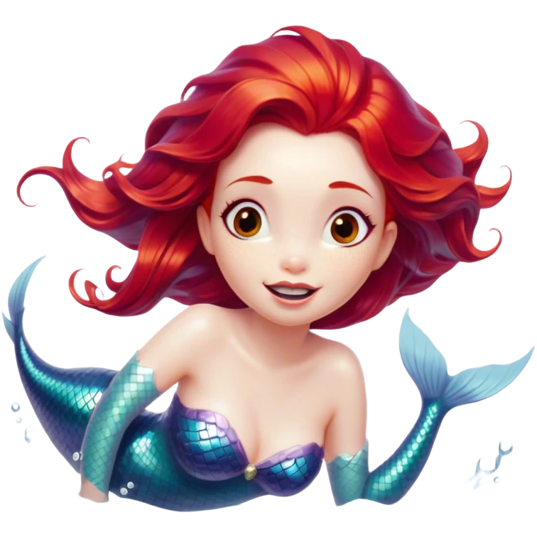 Cinematic Realistic Red Hair Mermaid Portrait, head tilted dramatically with an exaggeratedly amused expression, featuring a striking, vibrant form with meticulously detailed, flowing red hair and luminous porcelain skin. Her expressive eyes burst with playful marine mischief, rendered with dynamic underwater lighting and vibrant textures that convey an air of cheeky oceanic whimsy and over‐the‐top mermaid charm. emoji
