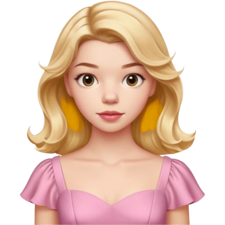 Cinematic Realistic Anya Taylor Joy Portrait, depicted with lifelike skin texture, subtle rosy undertones, and soft natural lighting that enhances the gentle contours of her face. Her intricately detailed golden blonde hair is elegantly wavy, and pink dress emoji