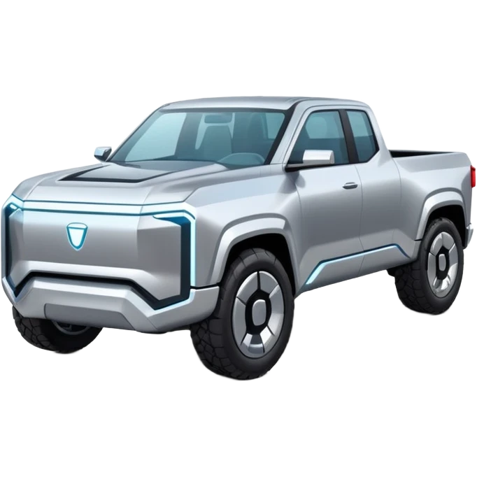 A futuristic electric pickup truck emoji, silver chrome body, angular cyber design, smooth metallic panels, subtle reflections, minimalistic proportions, iOS emoji style, centered composition, clean white background, soft lighting emoji