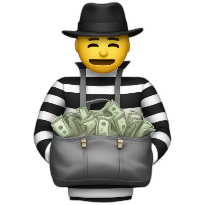A man with a bag of money, in striped clothes and his eyes are closed with a black bandage, and on top is a black hat emoji