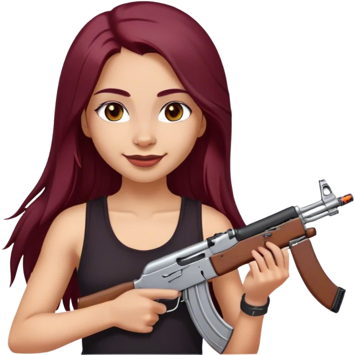 emoji of girl with an ak47 in hand with a black tank top, smiling with maroon dark long hair in a middle part with straight nose hazel eyes medium perfect eye brows with  a nose ring silver on the right nostril  emoji