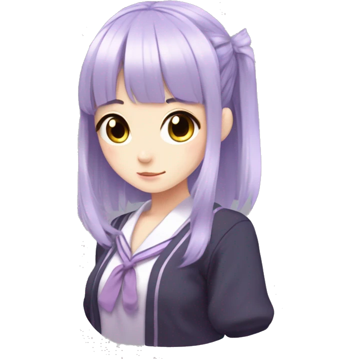 Anime girl with lilac hair, purple eyes, mole under eyes, japanese school uniform, bangs, straight long hair, hairband,  emoji