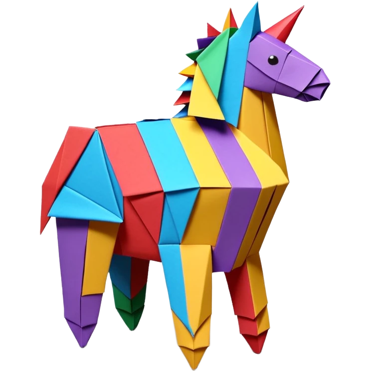 3D render of Piñata entirely of folded origami paper, sharp creases, cardboard texture, matte finish, visible paper grain, craft aesthetic,emoji style, isolated on white background --v 6.0 emoji