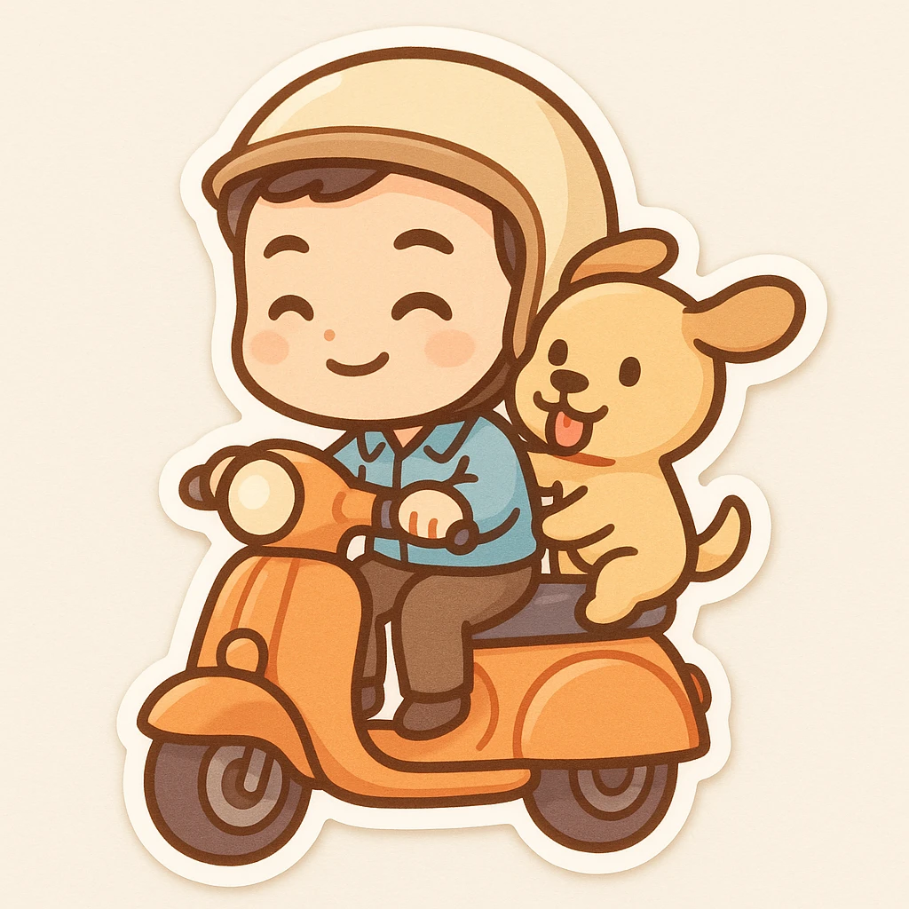 man and his pet dog riding a vespa emoji