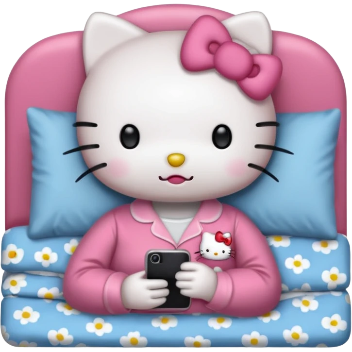 hello kitty tucked into bed on her phone emoji