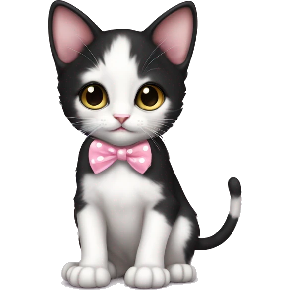 Baby Full body Tuxedo kitten with a pink polka dot ribbon Hazel eyes emoji